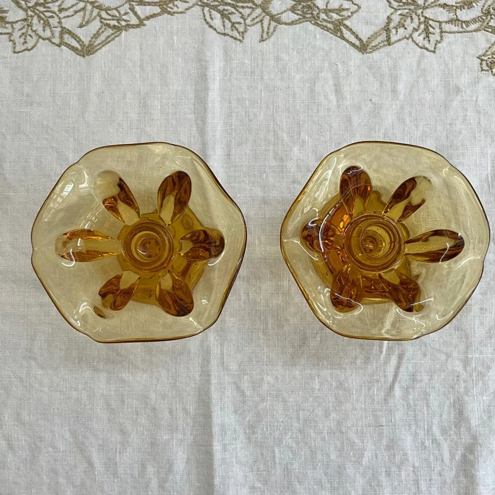 Vintage 2 Viking Amber Glass Ruffled Flower Candle Holders MCM Honey Gold